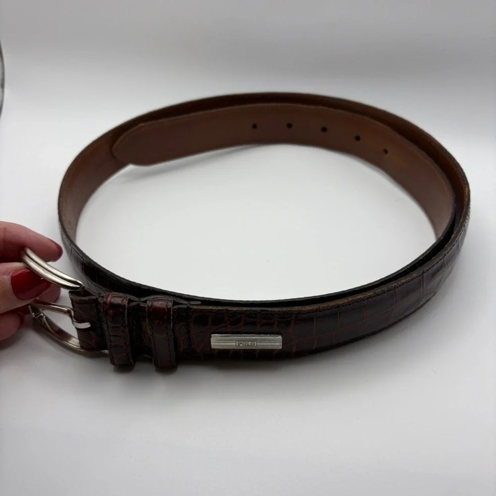 Polo Ralph Lauren Mens Brown Croc Embossed Leather Belt Size 40 Made in USA